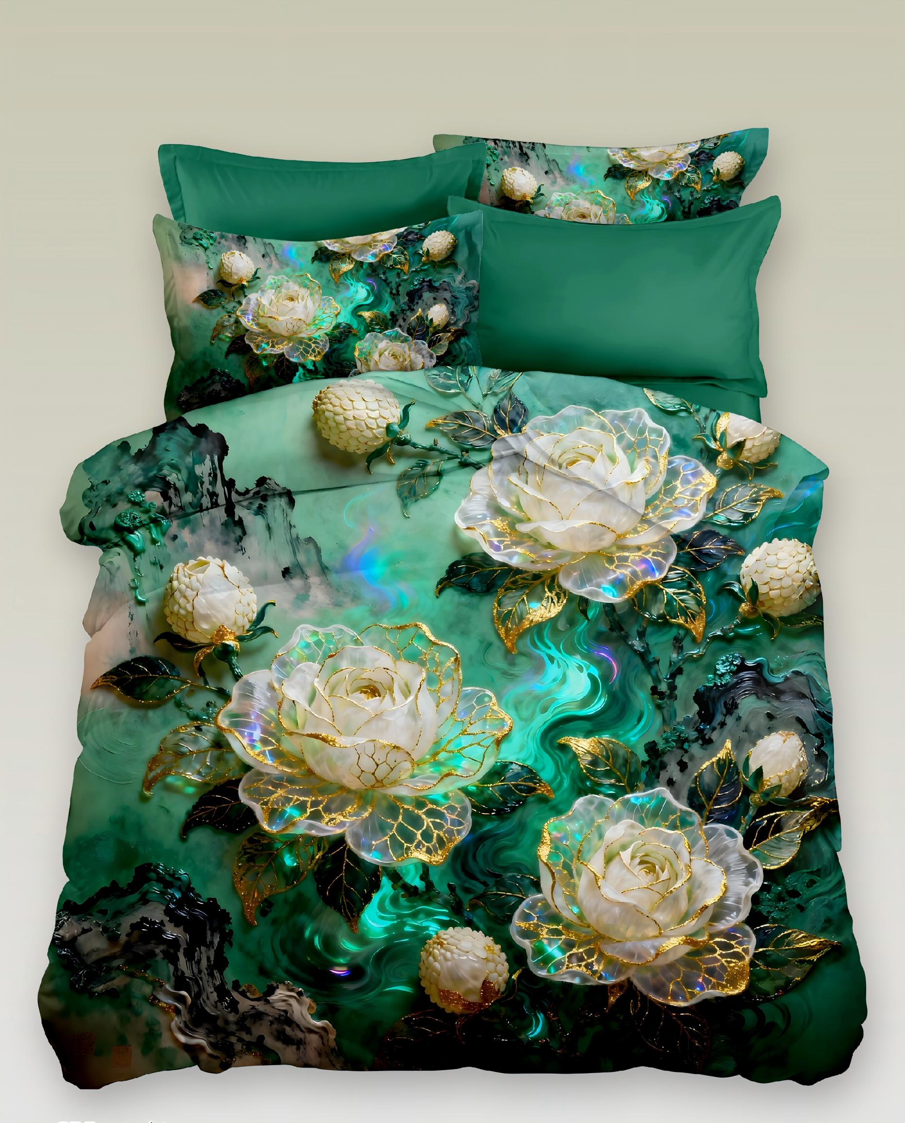 5D Oil-Painting Effect Digital Print Bedding Set - ‌Luxurious White Roses