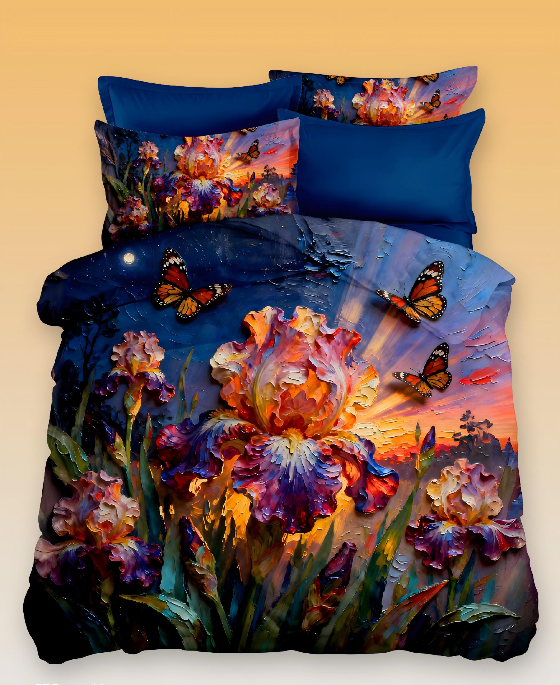 5D Oil-Painting Effect Digital Print Bedding Set - ‌Vibrant Irises & Monarch Butterflies