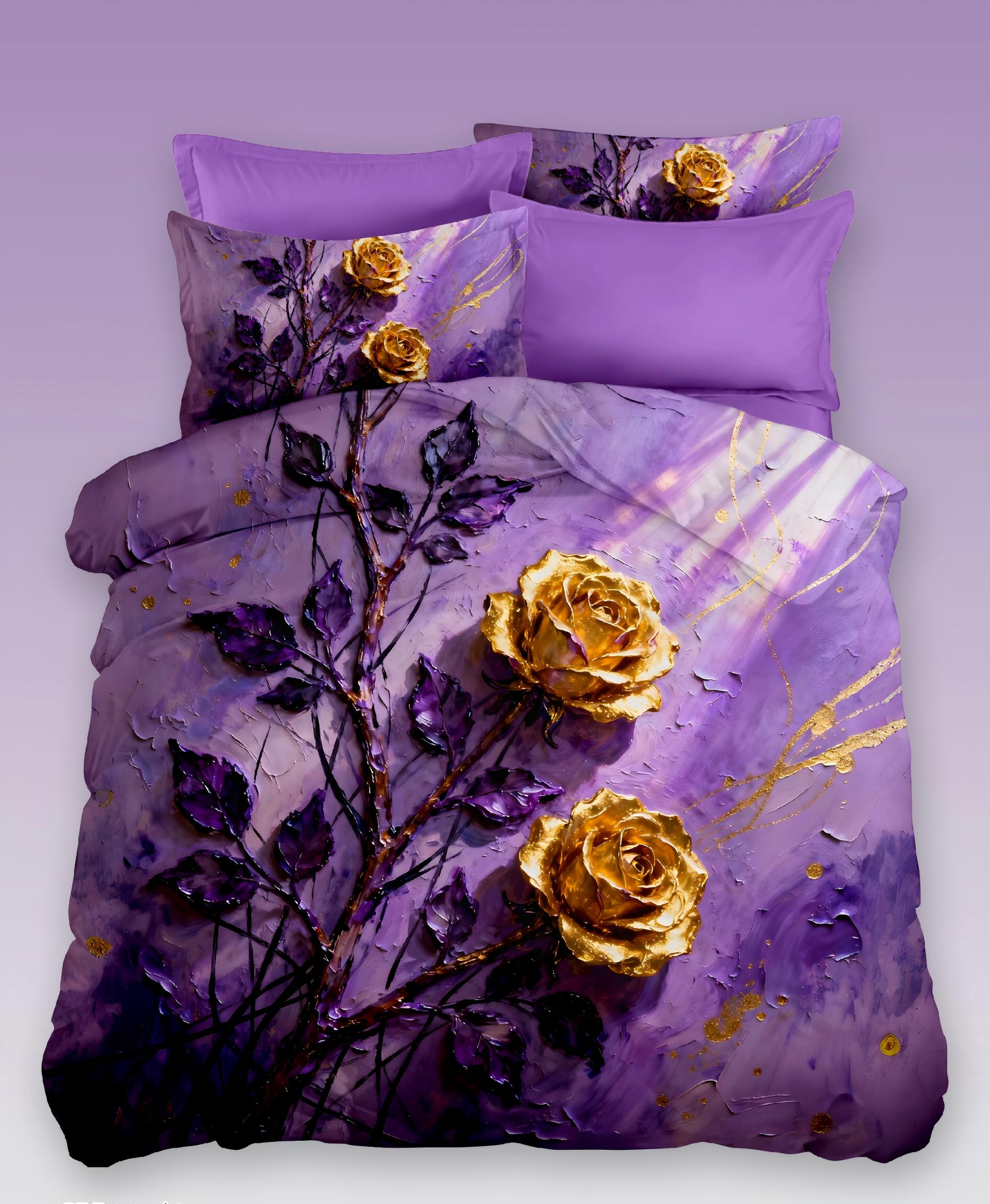 5D Oil-Painting Effect Digital Print Bedding Set - ‌Luxurious Gold Roses