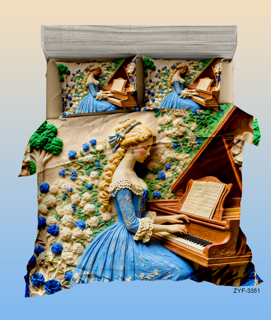 5D Cartoon Princess Playing Piano Digital Printed Bed Sheet Set with Enchanted Garden