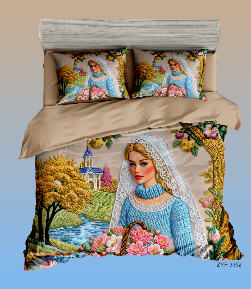 5D Cartoon Elegant Lady Digital Printed Bed Sheet Set with Floral Basket