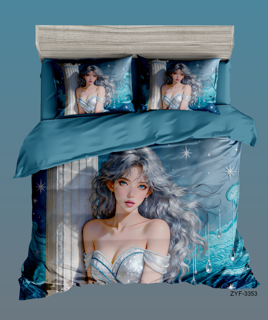 5D Cartoon Fantasy Mermaid Digital Printed Bed Sheet Set with Ethereal Water Spirit