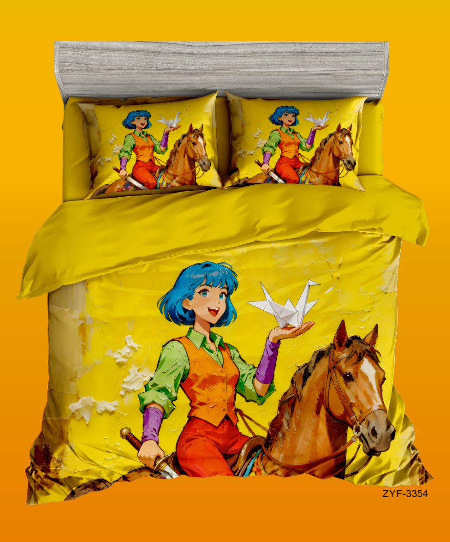5D Cartoon Anime Girl on Horse Digital Printed Bed Sheet Set with Origami Crane