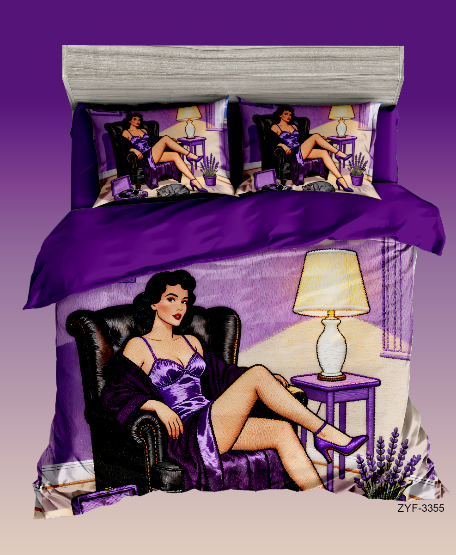 5D Cartoon Glamour Woman Digital Printed Bed Sheet Set with Elegant Lady in Purple