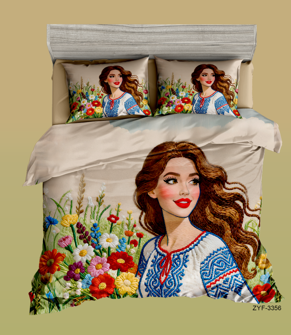 5D Cartoon Folk Art Floral Digital Printed Bed Sheet Set with Beautiful Woman