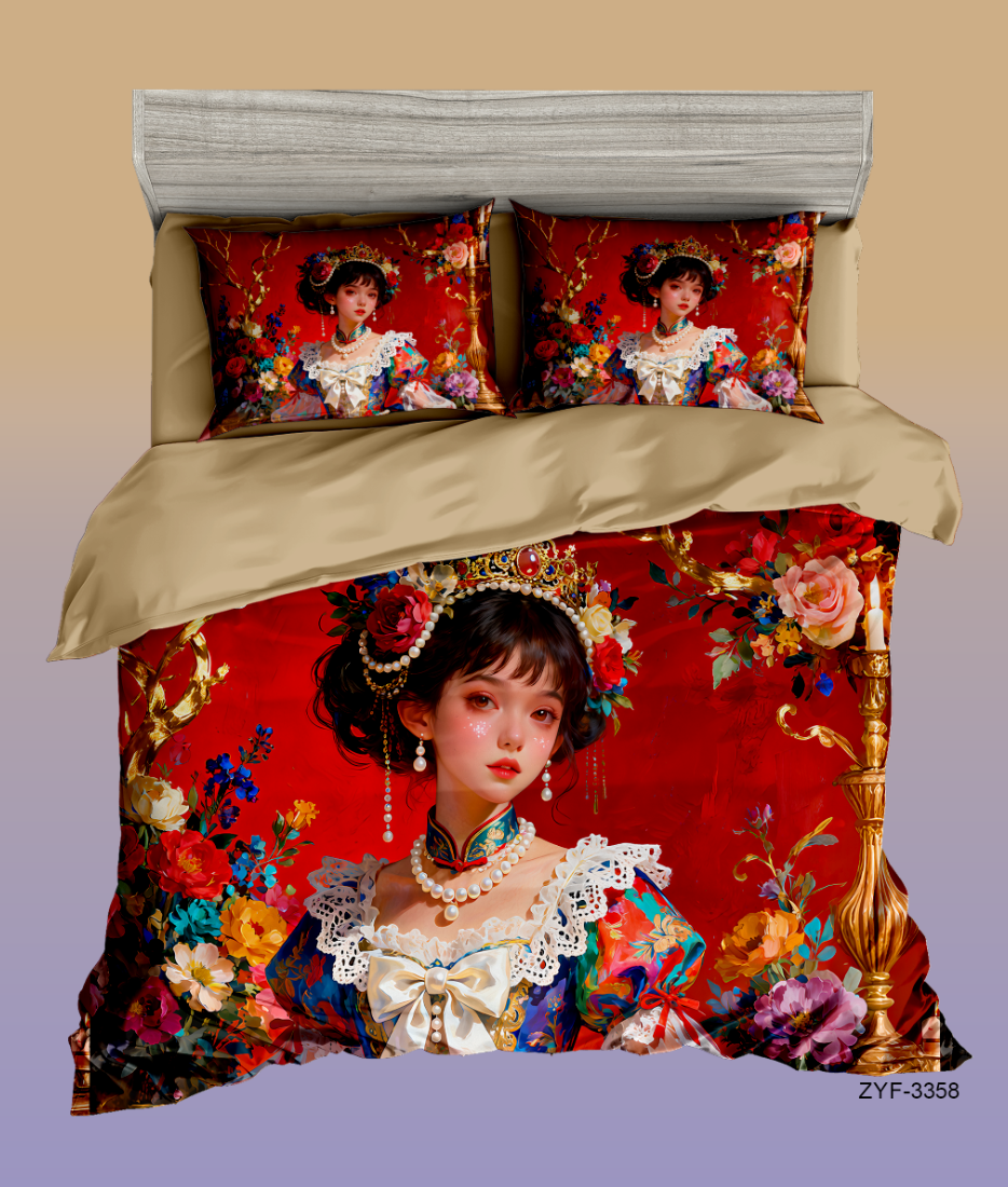 5D Cartoon Fantasy Princess Digital Printed Bed Sheet Set with Royal Floral Accents