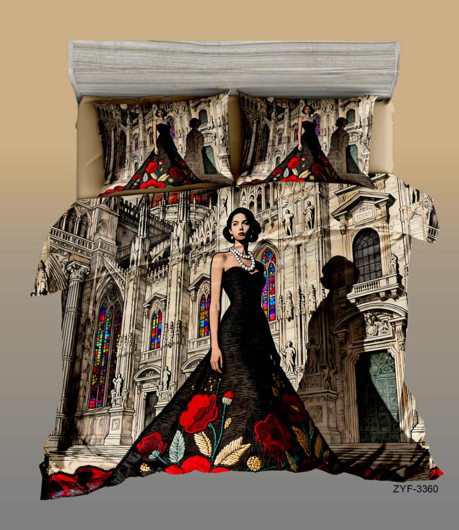 5D Cartoon Fantasy Elegant Woman Digital Printed Bed Sheet Set with Gothic Architecture