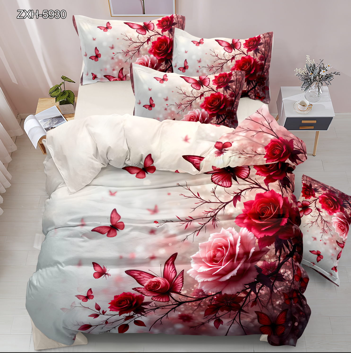 5D Floral Digital Print Bedding Set - ‌Red Rose & Butterfly