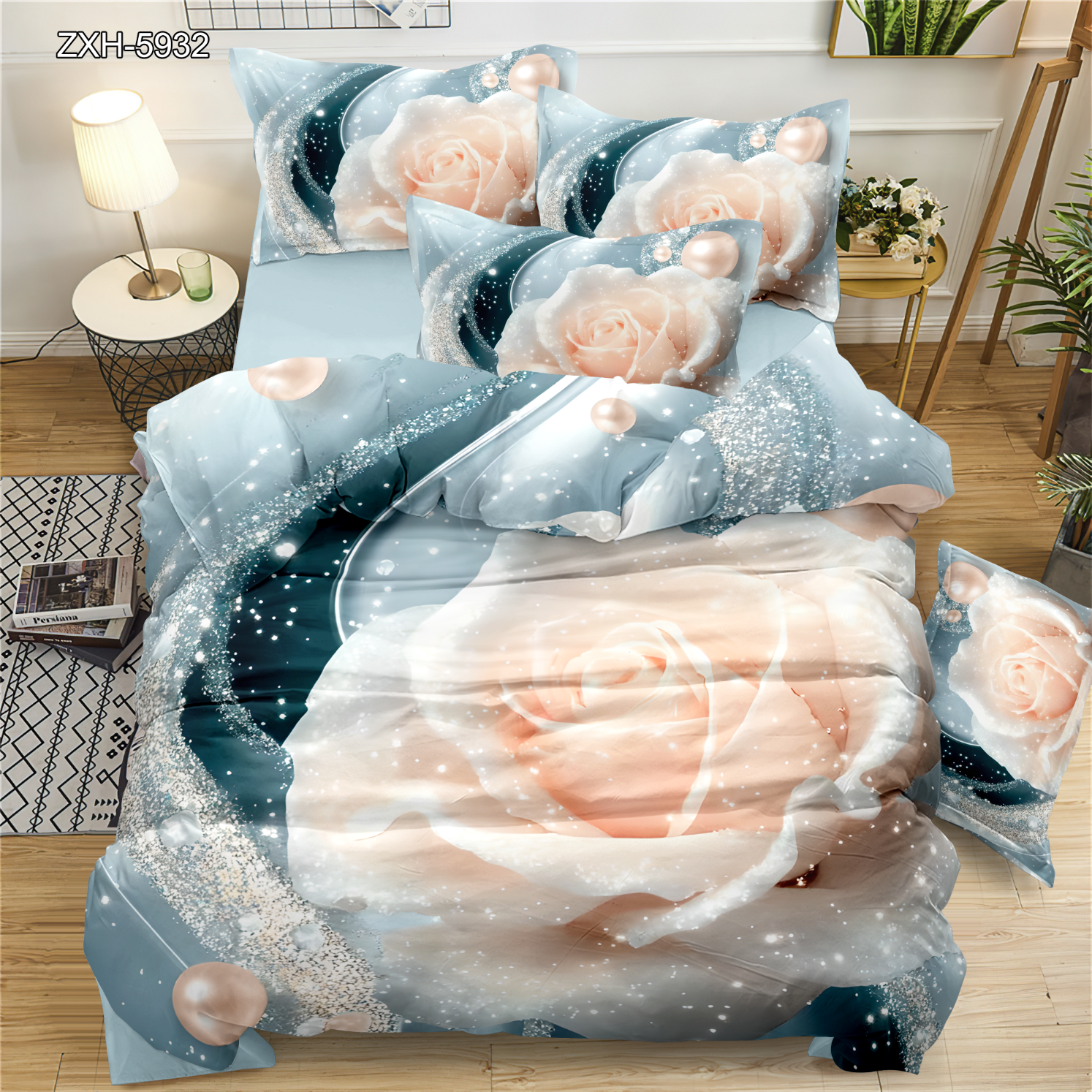 5D Floral Digital Print Bedding Set - ‌Rose & Pearl