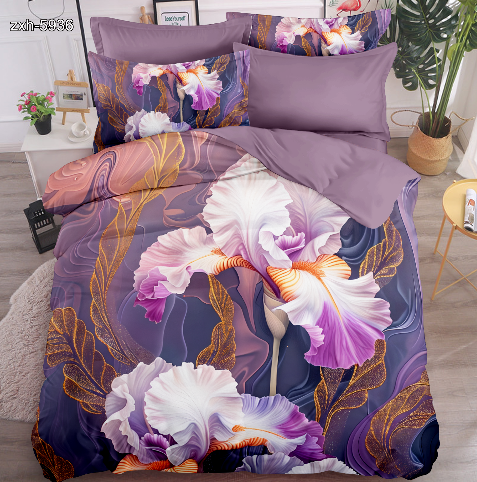 5D Floral Digital Print Bedding Set - ‌Iris & Gold Leaf