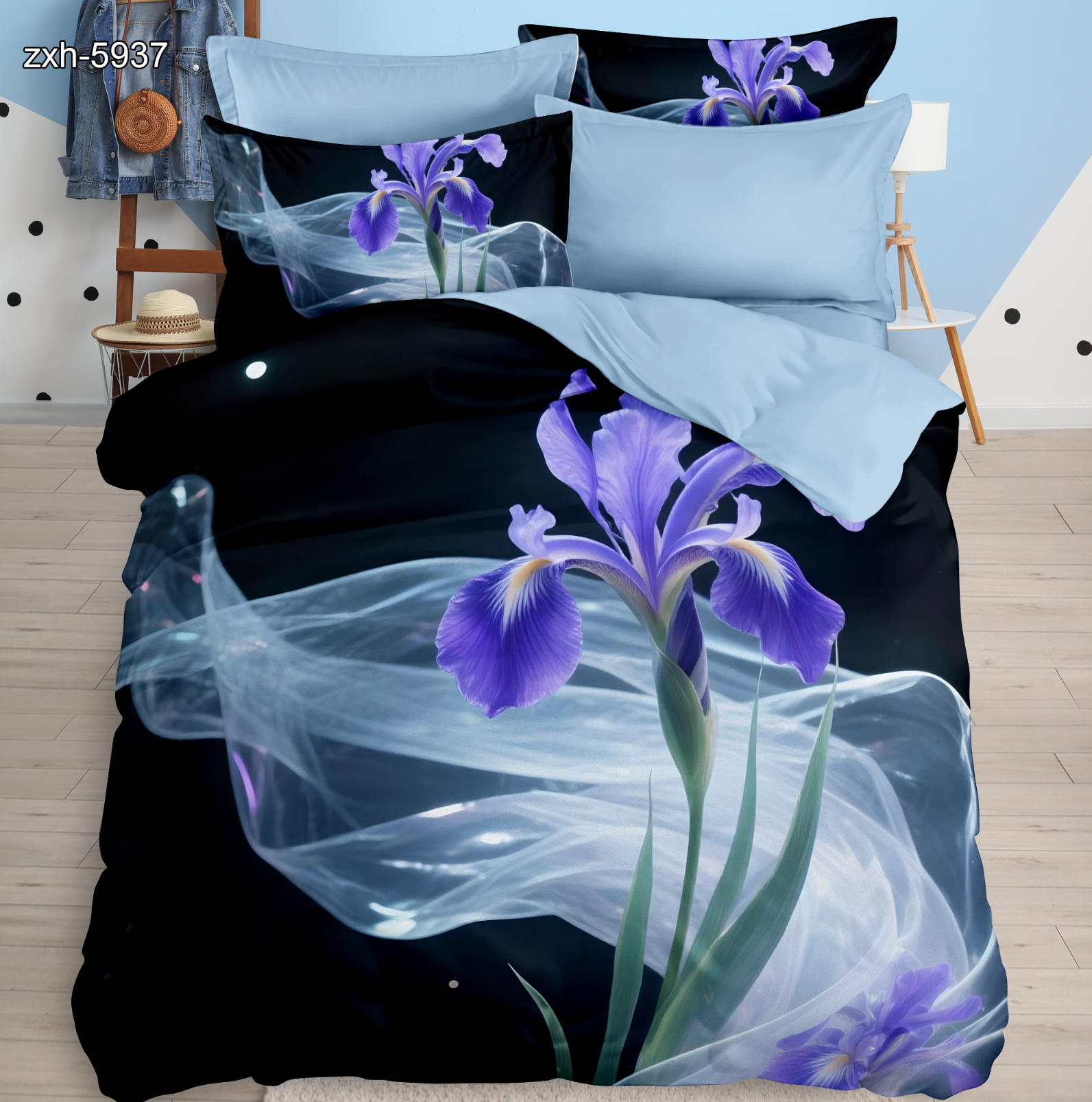 5D Floral Digital Print Bedding Set - ‌Iris & Water Wave