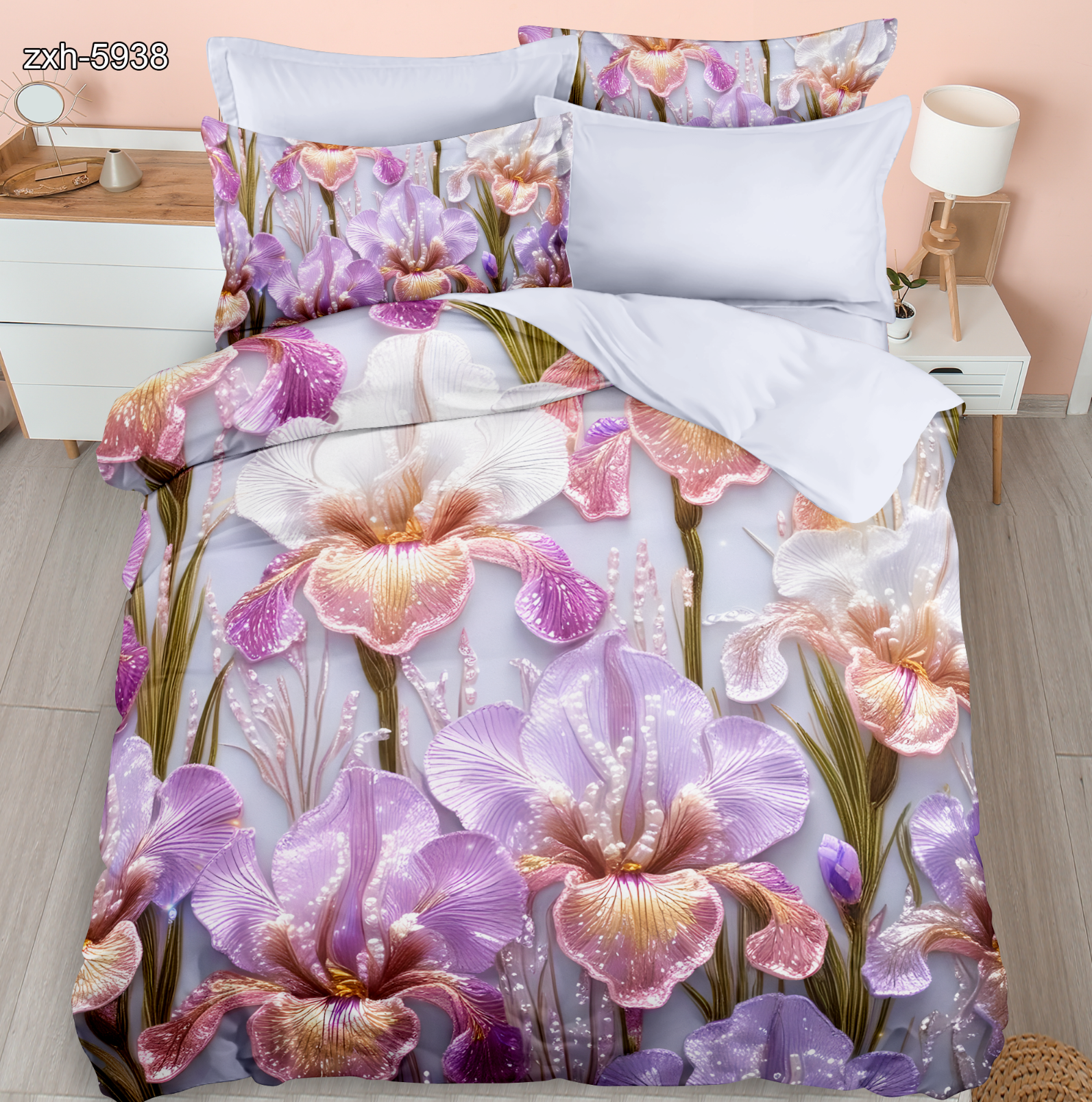5D Floral Digital Print Bedding Set - ‌Iris & Water Droplets