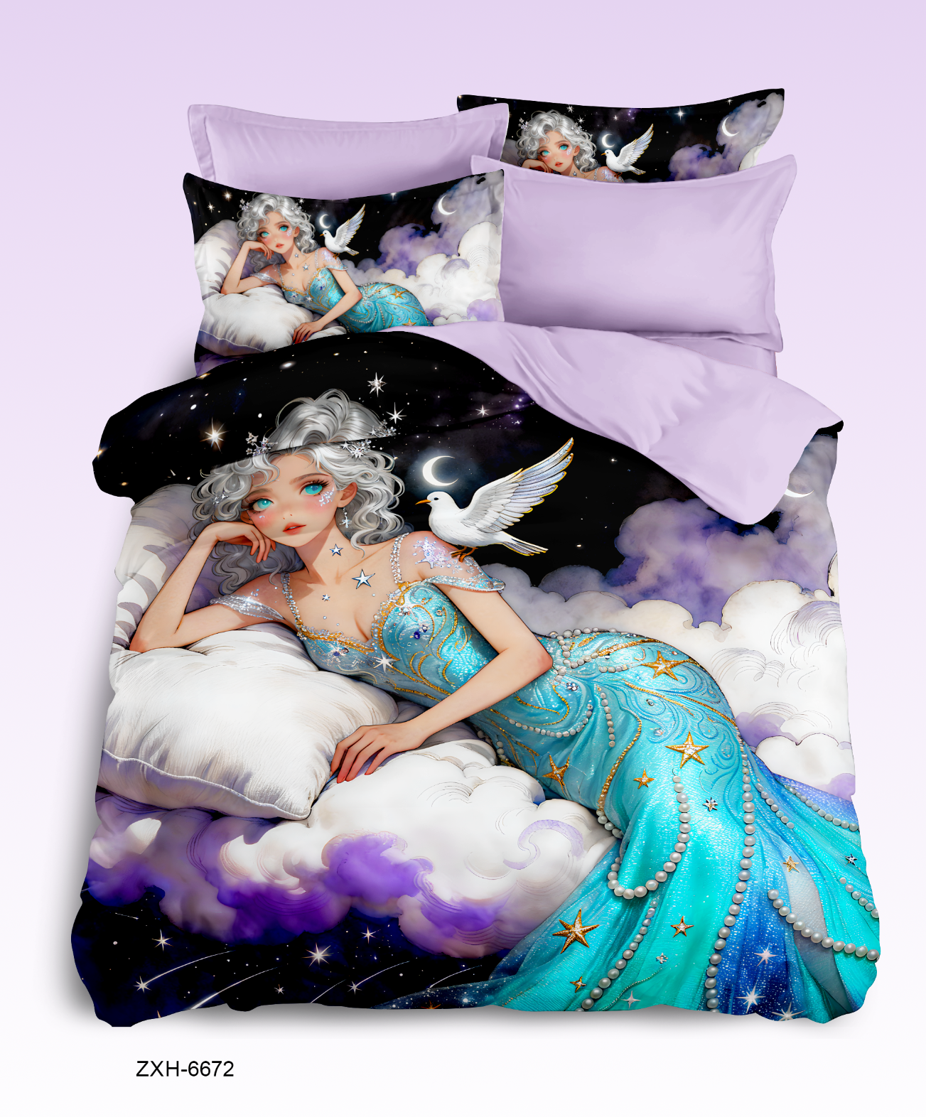 5D Cartoon Fantasy Mermaid Digital Printed Bed Sheet Set with Ethereal Figure