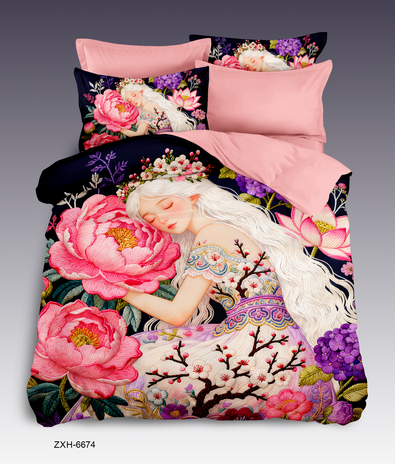 5D Cartoon Dreamy Floral Princess Digital Printed Bed Sheet Set with Sleeping Fairy