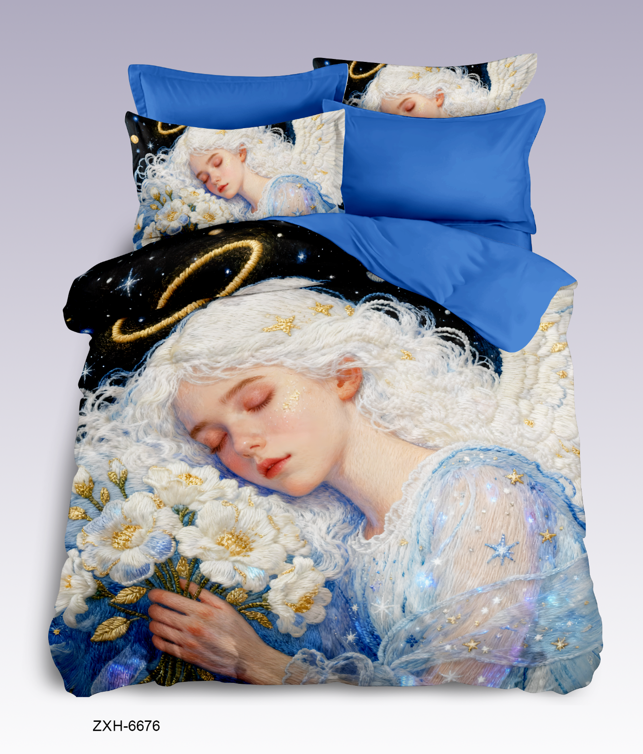 5D Cartoon Dreamy Angel Digital Printed Bed Sheet Set with Sleeping Angel and Flowers