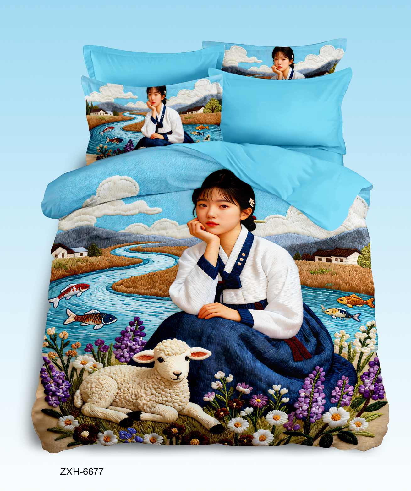 5D Cartoon Korean Hanbok Style Digital Printed Bed Sheet Set with Traditional Landscape
