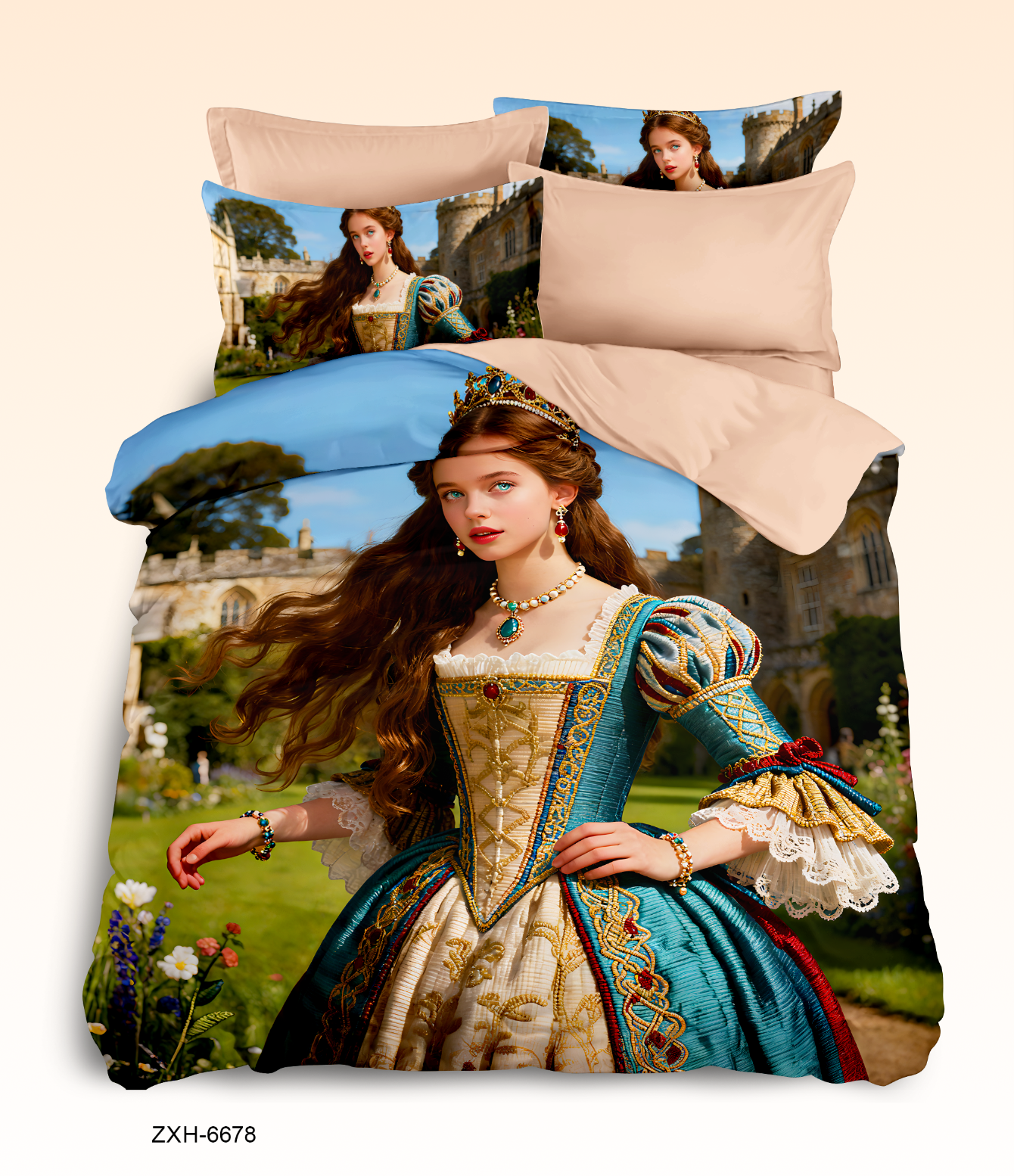 5D Cartoon Fantasy Princess Digital Printed Bed Sheet Set with Castle Garden Scene