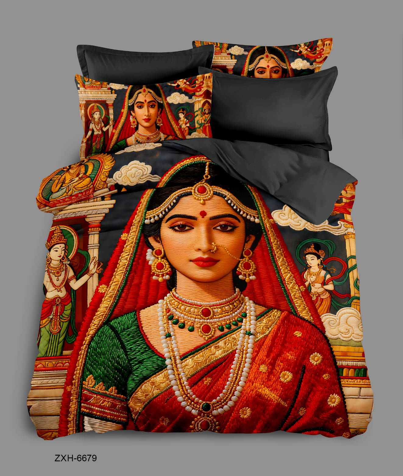5D Cartoon Traditional Indian Goddess Digital Printed Bed Sheet Set with Intricate Cultural Motifs