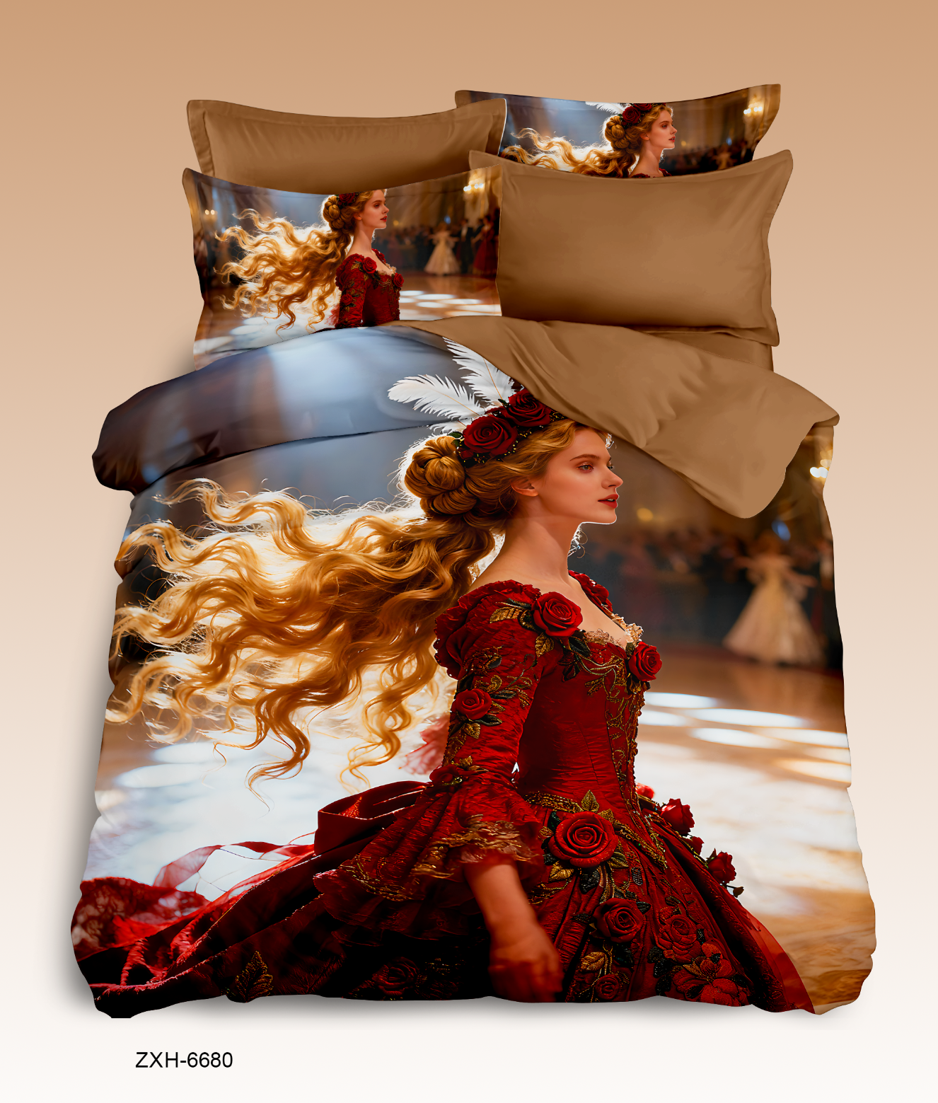 5D Cartoon Fantasy Royal Elegant Lady Digital Printed Bed Sheet Set with Red Gown