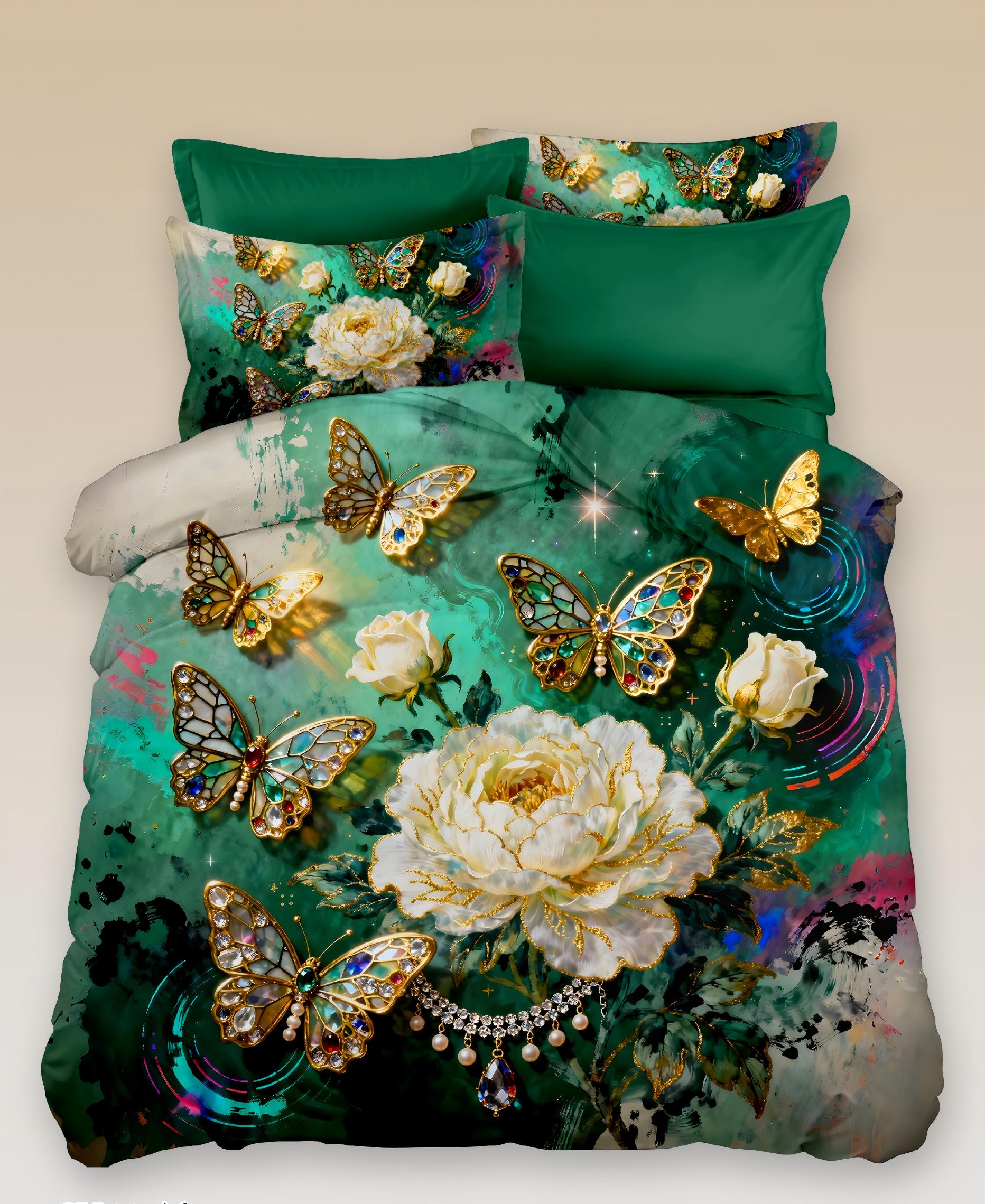 5D Oil Painting Style Digital Print Bedding Set-Butterfly & Peony‌