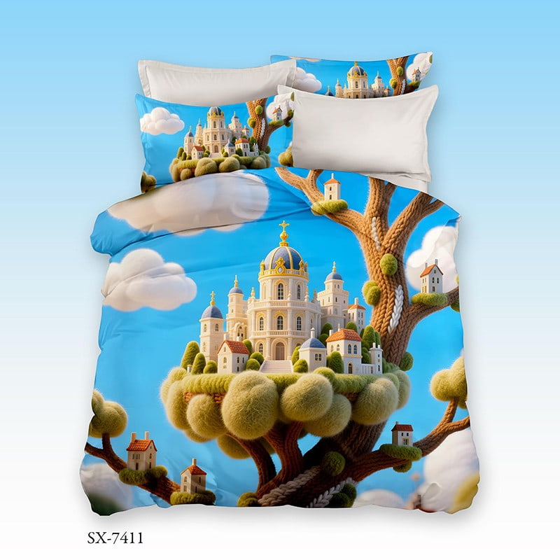 5D Digital Printed Bed Sheet Set with a Dreamy Floating Castle on a Tree