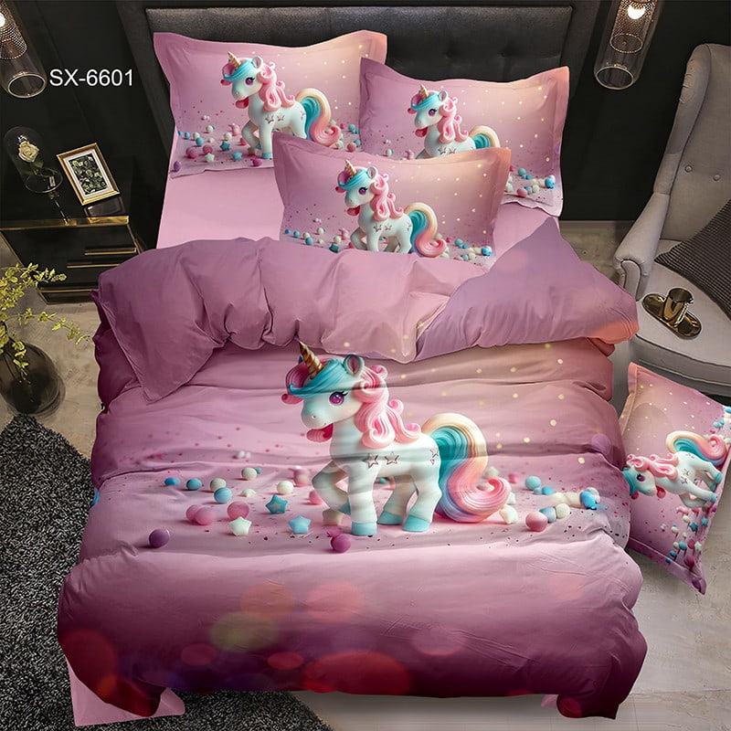5D Digital Printed Bed Sheet Set with a Cute Rainbow Unicorn and Colorful Spheres