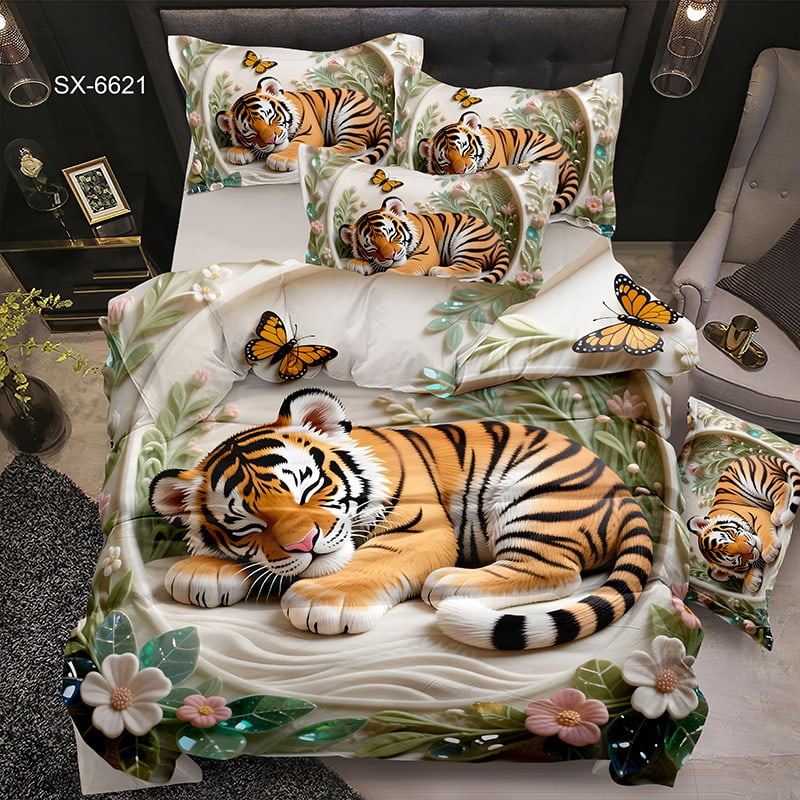 5D Digital Printed Bed Sheet Set with a Sleeping Tiger and Butterflies in a Floral Garden