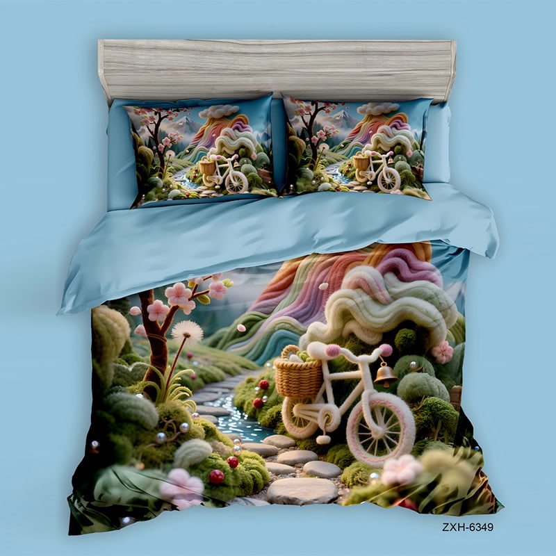 5D Floral Digital Print Bedding Set - ‌Dreamy Spring Bicycle & Cherry Blossom Landscape