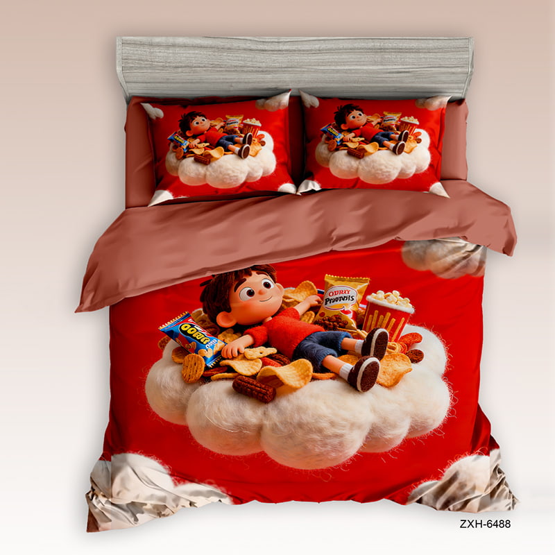 7D Digital Printed Bed Sheet Set with Playful Snack-Time Cloud Theme
