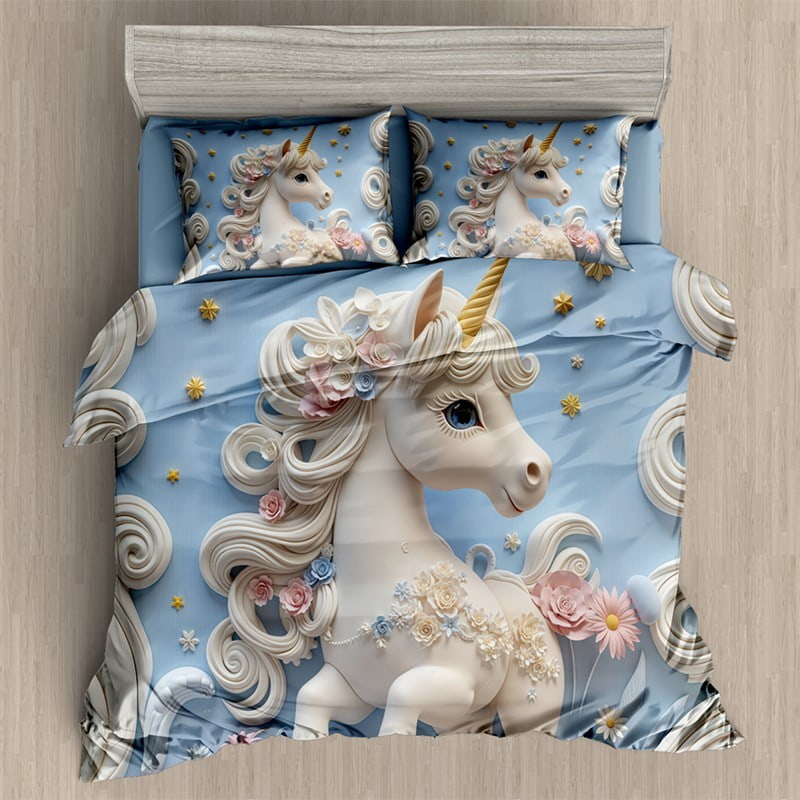 7D Digital Printed Bed Sheet Set with Whimsical Unicorn Floral Fantasy Theme