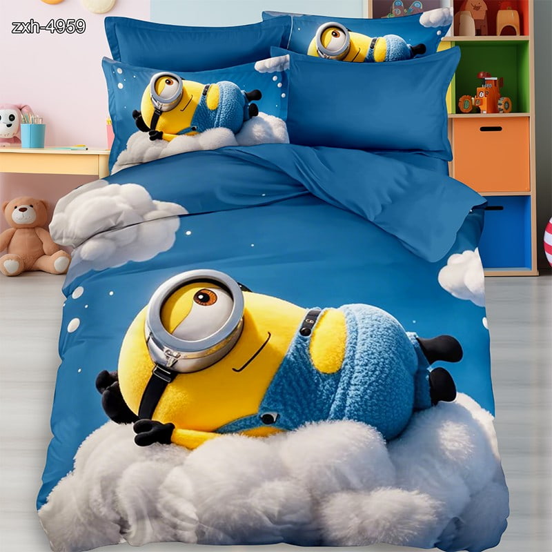 7D Digital Printed Bed Sheet Set With Playful Cartoon Minion Cloud Theme