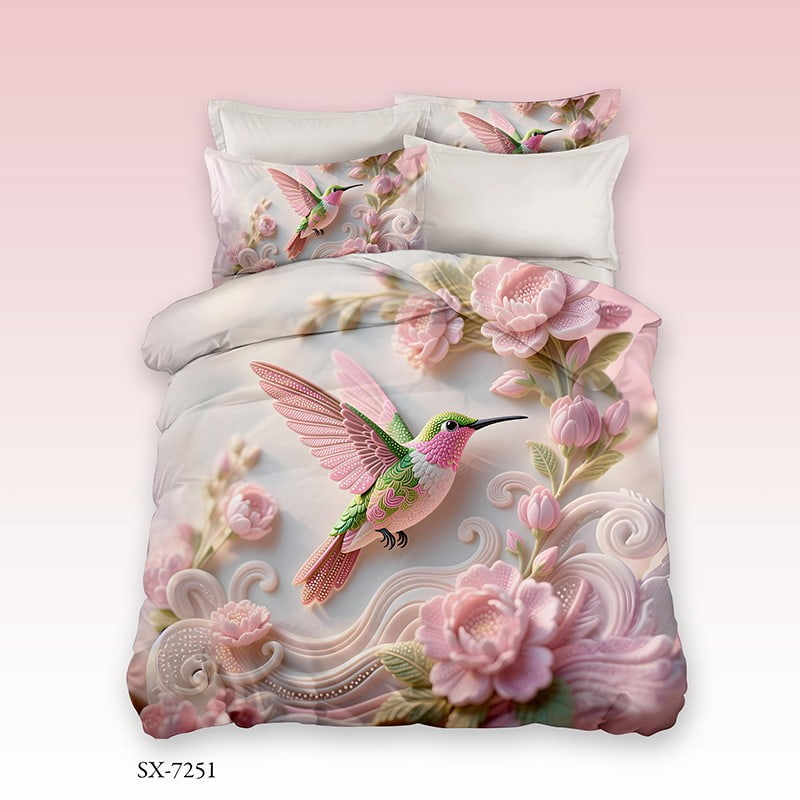 7D Digital Printed Bed Sheet Set with Vibrant Hummingbird and Pink Floral Relief Design