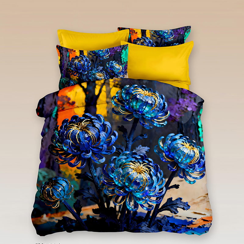 ‌5D Floral Digital Print Bedding Set -Blue Chrysanthemum