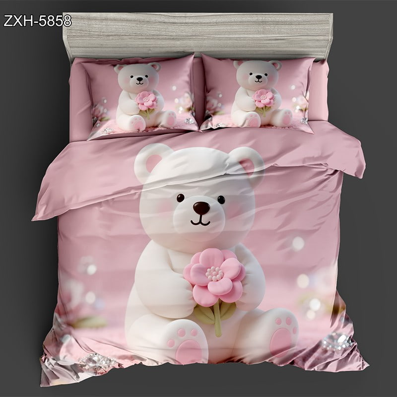 5D Digital Printed Bed Sheet Set with a Cute White Bear Holding a Pink Flower