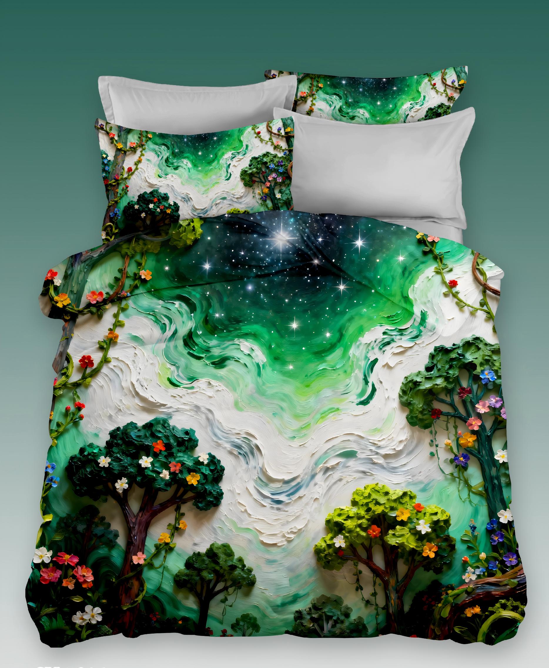 5D Oil Painting Style Digital Print Bedding Set-Enchanted Forest with Starry Sky‌