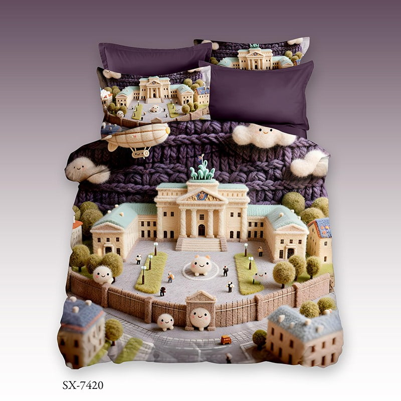 5D Digital Printed Bed Sheet Set with a Whimsical Miniature Palace and Playful Clouds