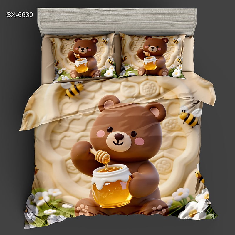5D Digital Printed Bed Sheet Set with a Cute Bear Holding Honey Jar and Bees