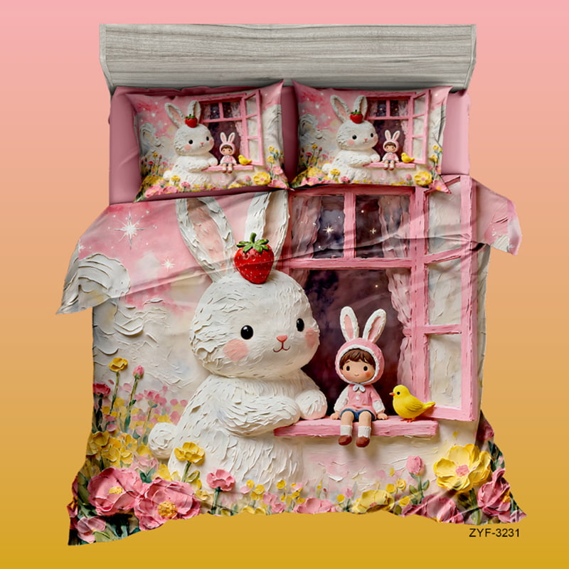 7D Digital Printed Bed Sheet Set with Cute Bunny and Floral Fantasy Theme