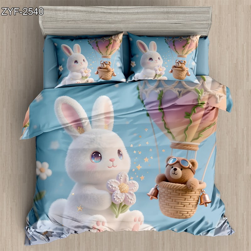 7D Digital Printed Bed Sheet Set with Cute Bunny and Hot Air Balloon Theme
