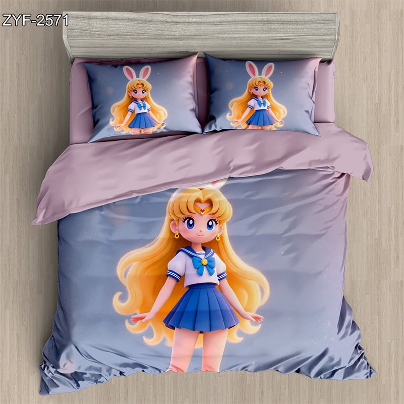 7D Digital Printed Bed Sheet Set With Cute Anime Girl In Sailor Outfit Theme