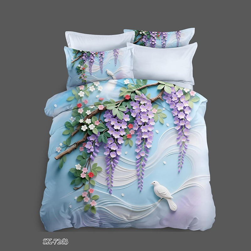 7D Digital Printed Bed Sheet Set with Cascading Wisteria Blossoms and White Dove