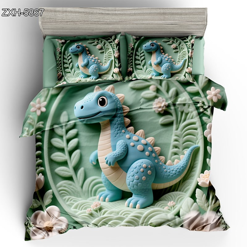 5D Digital Printed Bed Sheet Set with a Cute Blue Cartoon Dinosaur and Floral Pattern