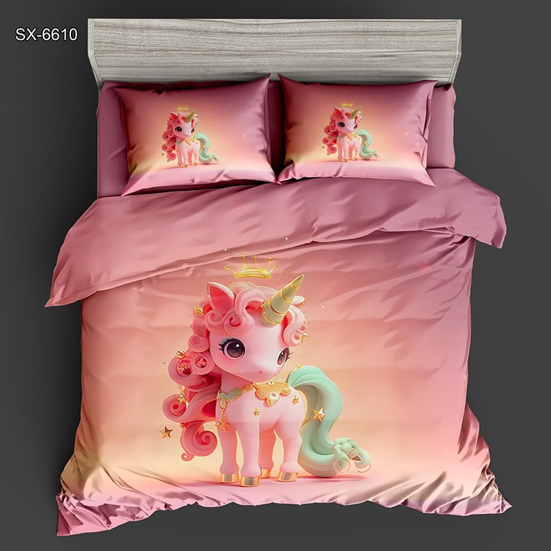 5D Digital Printed Bed Sheet Set with a Cute Pink Unicorn and Golden Crown
