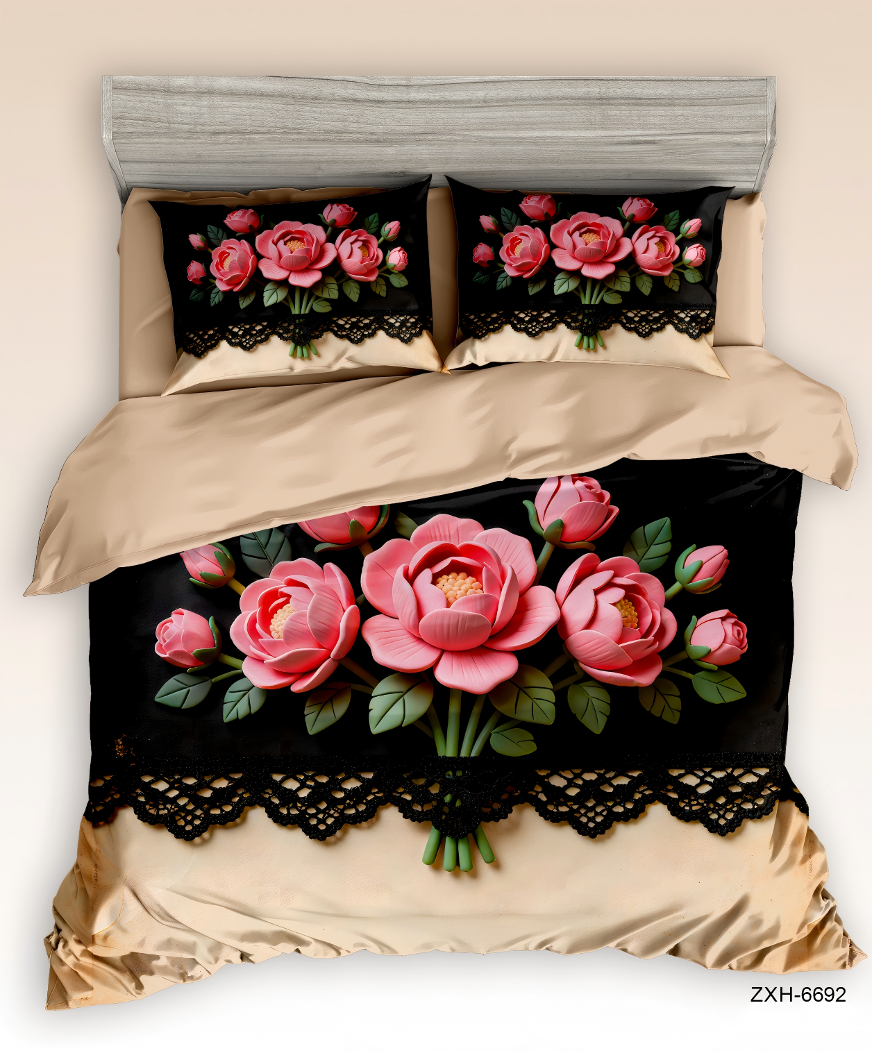 5D Digital Print Bedding Set-Luxurious Pink Rose Bouquet with Black Lace‌