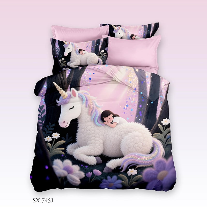 3D Digital Printed Bed Sheet Set with a Dreamy Unicorn and Sleeping Girl in Enchanted Forest