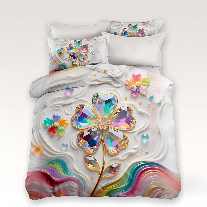 5D Floral Digital Print Bedding Set - ‌Crystal Flower & Rainbow