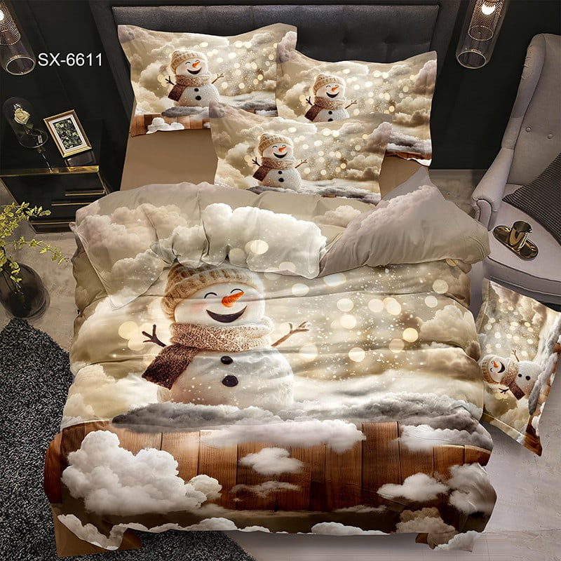 7D Digital Printed Bed Sheet Set with a Cheerful Snowman in a Dreamy Winter Scene