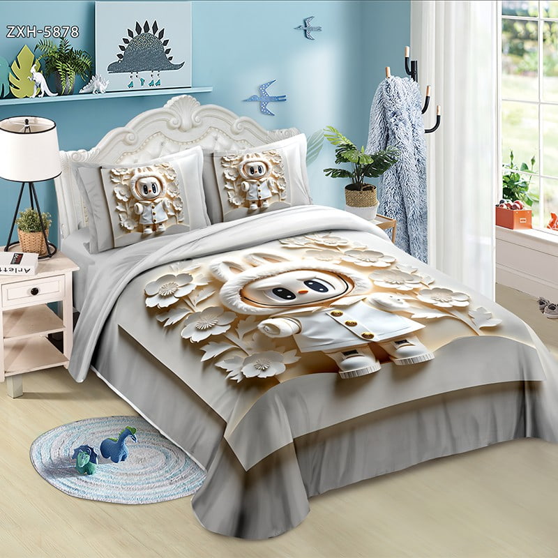 5D Digital Printed Bed Sheet Set with a Cute Bunny in a Winter Coat among Flowers