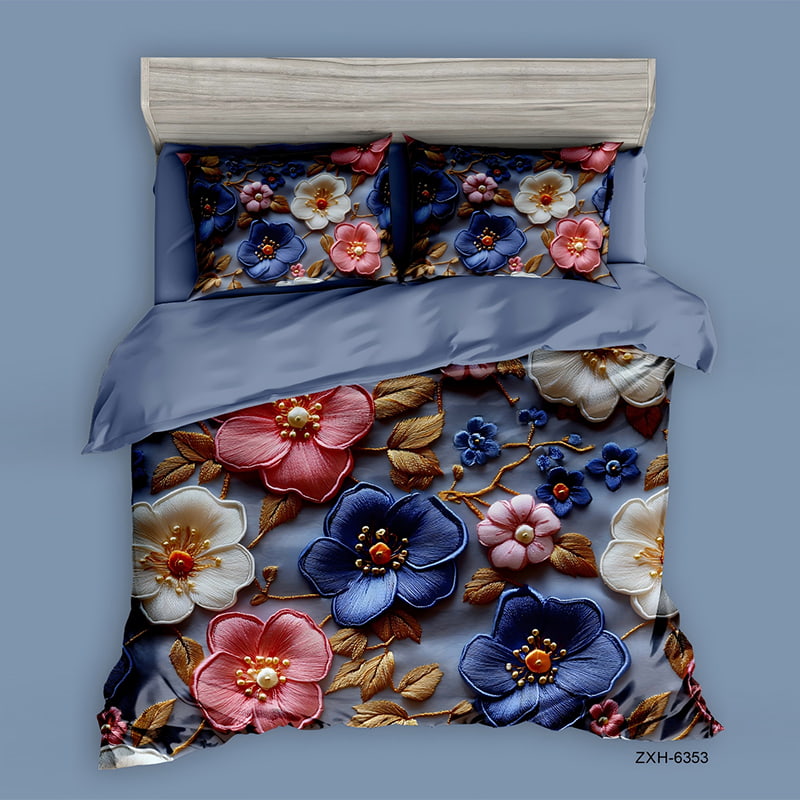 5D Floral Digital Print Bedding Set - ‌Elegant Blue & Pink Floral