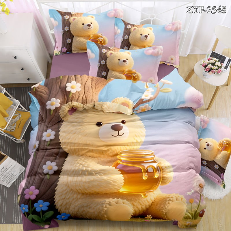 7D Digital Printed Bed Sheet Set with Cute Bear And Honey Theme